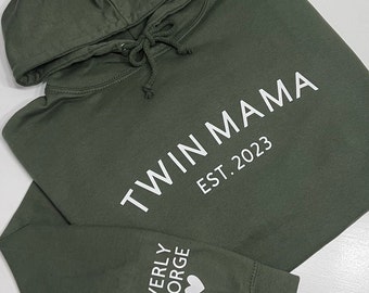 TWIN MAMA EST Hoodie - Personalised with Childrens Names on Sleeve, Mothers Day Hoody, Gift for Mum, Custom Twin Mum Hoodie, Petite & Plus