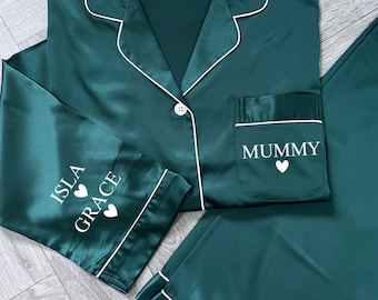PERSONALISED SATIN PYJAMAS - Long Satin Pyjamas for Mum - Personalised with Childrens Names on Sleeve - New Mum Gift - Mothers Day Pyjamas