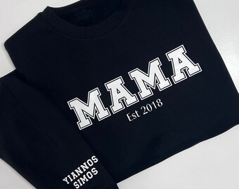 MAMA EST Sweater - Personalised with Childrens Names on sleeve, Mothers Day Jumper, Gift for Mum, Sweater for Mum, Petite and Plus Size