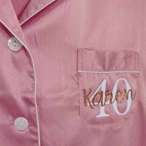 Dusty Pink coloured milestone birthday pyjamas printed for a 40th birthday with both age and name on the pocket complete with matching sleep mask and scrunchie, a truly beautiful luxury set.
