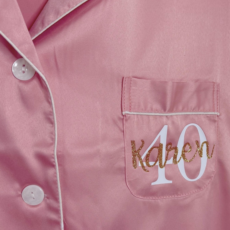 Dusty Pink coloured milestone birthday pyjamas printed for a 40th birthday with both age and name on the pocket complete with matching sleep mask and scrunchie, a truly beautiful luxury set.