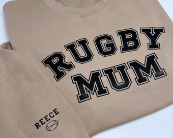 RUGBY MUM Sweater - Rugger Mum, Mothers Day Jumper, Gift for Mum, Personalised with Childrens Names on Sleeve, Custom Sweat, Petite and Plus