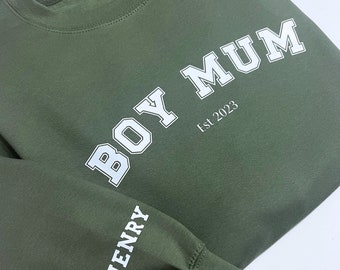 BOY MUM EST Sweater - Personalised with Childrens Names on sleeve, Mothers Day Gift, Gift for Mum, Custom Mum Jumper, Petite and Plus Size