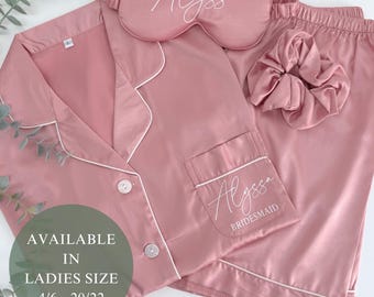 Luxury Satin Pyjama Set - Perfect Gift for Bridesmaid Proposal, Personalised with Name and Role, Dusty Pink Wedding Theme, Hen Party Pajamas