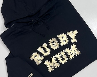 RUGBY MUM Hoodie - Rugger Mum, Mothers Day Hoodie, Gift for Mum, Personalised with Childrens Names on Sleeve, Custom Rugby Mum Hoody, XS-5XL