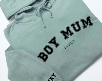 BOY MUM EST Hoodie - Personalised with Childrens Names on sleeve, Mothers Day Hoodie, Gift for Mum, Custom Mum Hoody, Petite and Plus Size