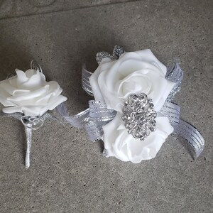 White Rose Corsage Set - Homecoming Corsage - Prom Corsage