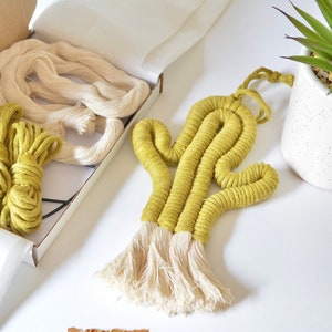 Pode incluir: Um kit para fazer uma parede de macramé com forma de cactus. O kit inclui fio verde e branco, e um exemplo terminado do cactus.