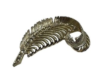 Vintage Gold-Tone Rhinestone Feather Brooch