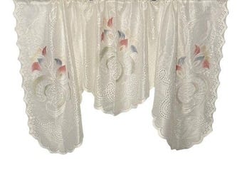 2 Vintage Floral Lace Swag Valance Curtain White Scalloped Edge Window Treatment