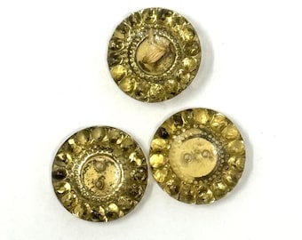 Vintage Amber Glass Buttons 11/16" 3pc Yellow Round Scalloped Boho Craft