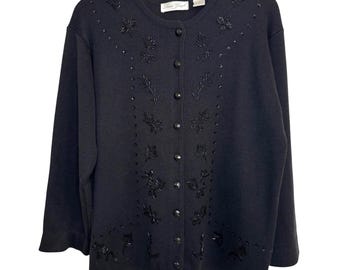 90s Black Beaded Cardigan Sweater Wool Blend Laura Gayle Petite Large Vintage