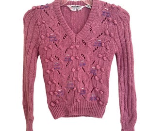 Popcorn Knit V-Neck Sweater Pink Mauve Embroidered Pointelle Hi-Rollers Retro
