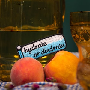 May include: A still life featuring a glass pitcher and glass with a yellow liquid, a patch with the text "hydrate or diedrate", and two peaches. The patch is white, blue, and black. The peaches are orange and red.