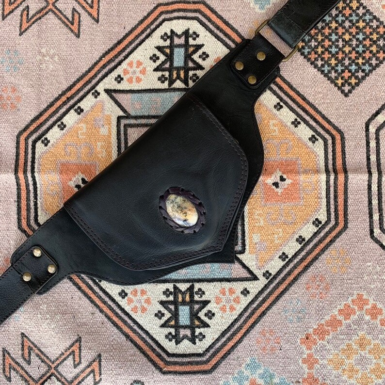 Leather Side Sling Festival hip bag Belly Bag Leather Utility Belt Bag Gemstone /& Black Leather BOHO-CHIC Belt Bag ||| Fanny Pack