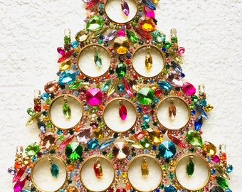 Czech vintage Xmas Christmas stand rhinestone bohemian glass estate jewelly stand up juliana art deco