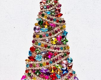 Czech Vintage Christmas Tree Stand, Rhinestone Bohemian Glass Jewelry 22cm
