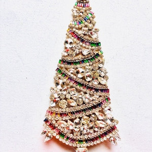 Czech Vintage Christmas Tree Stand, Rhinestone Bohemian Glass Jewelry 22cm image 1