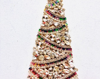 チェコ製ヴィンテージクリスマスツリースタンド、ラインストーン付きボヘミアン風ガラスジュエリー 22cm