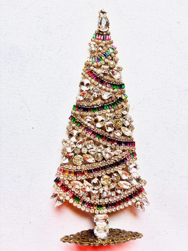 Czech Vintage Christmas Tree Stand, Rhinestone Bohemian Glass Jewelry 22cm image 1