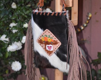 Western Crossbody Fringe Purse with Tooled Cow Patch