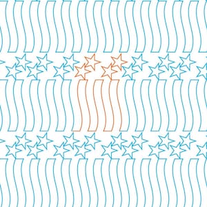 May include: A digital pattern for quilting, featuring a repeating design of stars and wavy lines. The pattern is designed for a quilt measuring 15 cm by 20 cm. The stars are blue and the lines are orange.
