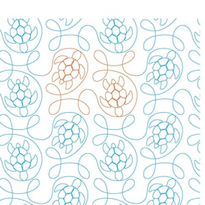 May include: A digital pattern featuring a repeating design of blue and orange stylized sea turtles. The pattern is approximately 16 inches by 11.5 inches. The text "Donatella Turtle E2E" and "a bit orange" is included in the image.