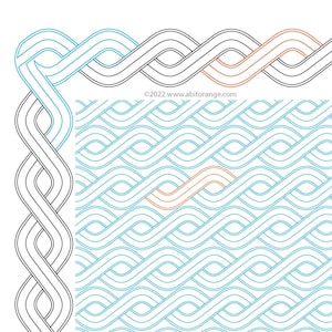 Könnte beinhalten: Diagramm, das zeigt, wie man eine doppelte Strickecke und ein Zwei-mal-Zwei-Muster strickt. Das Diagramm zeigt eine Reihe von schwarzen, blauen und orangefarbenen Linien, die ein Muster bilden.