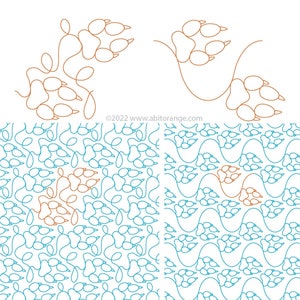 Puede incluir: Dos patrones de acolchado diferentes con huellas de patas de lobo. El primer patrón es un bucle continuo de huellas de patas, mientras que el segundo patrón es una curva continua de huellas de patas. Ambos patrones miden aproximadamente 17,8 cm por 15,2 cm.