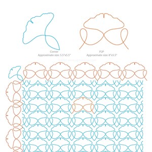 Könnte beinhalten: Ein digitales Muster mit einem sich wiederholenden Design aus stilisierten Ginkgoblättern in Blau und Braun. Das Muster wird in drei Größen gezeigt: Ecke, P2P und eine vollständige Wiederholung. Der Text "Corner" und "P2P" ist im Bild enthalten.