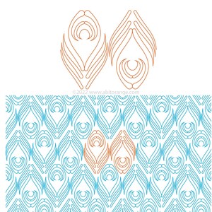Peut inclure: Un motif sans couture de plumes de paon stylisées bleu sarcelle et orange. Le motif est répété dans un design symétrique. ©2022 www.abitorange.com