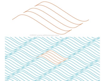 May include: Abstract geometric pattern with a repeating wave design in blue and orange. The orange waves are in the center of the image and are slightly raised above the blue waves.