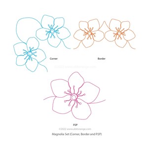Könnte beinhalten: Ein Satz mit drei Magnolia-Blüten-Designs im Line-Art-Stil. Das erste Design ist ein Eckdesign mit zwei Blüten in Blau. Das zweite Design ist ein Randdesign mit zwei Blüten in Orange. Das dritte Design ist eine einzelne Blüte in Pink.
