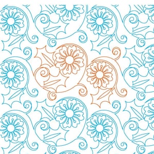 Könnte beinhalten: Ein nahtloses Muster aus blauen floralen Designs auf weißem Hintergrund. Das Muster zeigt stilisierte Blumen mit wirbelnden Ranken und Blättern.