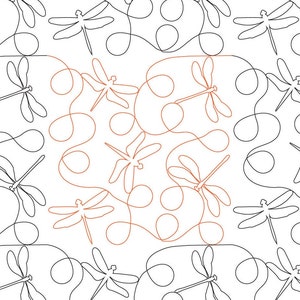May include: A seamless pattern featuring black and orange dragonflies with swirling lines and circles. The dragonflies are outlined in black and have a simple design.