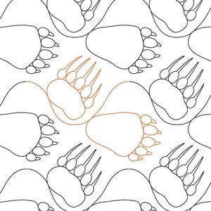 Pode incluir: Um padrão repetitivo de pegadas de urso pretas e castanhas sobre um fundo branco. O design apresenta contornos de pegadas de urso com garras e almofadas visíveis, criando um motivo texturizado inspirado na natureza.