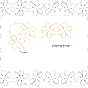 Pode incluir: Um padrão de acolchoado com um design de borda a borda e um design de canto. O padrão apresenta uma série de formas de flores conectadas.