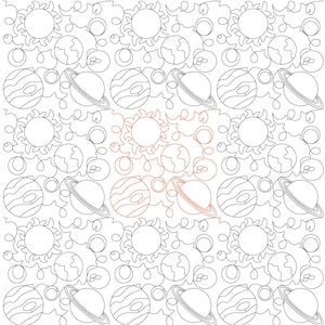 May include: Black and white line art pattern featuring celestial bodies. The design includes suns with radiating lines, planets with rings, and other spherical shapes, creating a space-themed motif. The pattern is repeated across the image.
