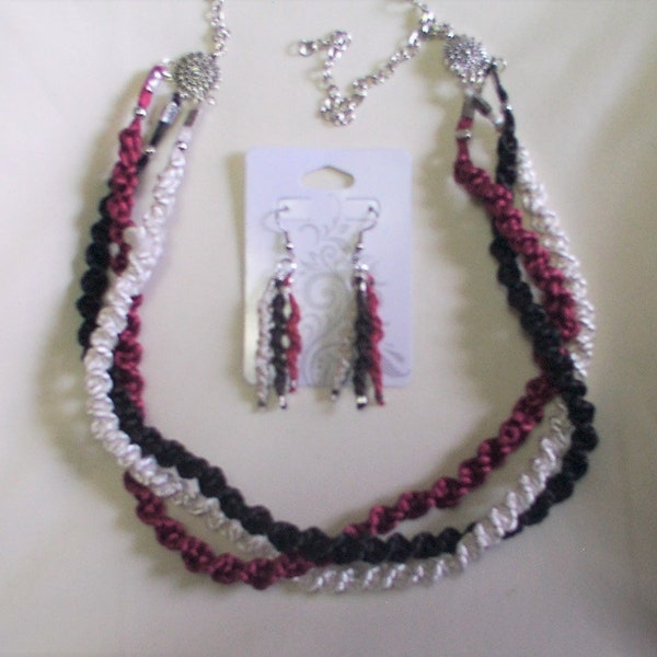 Macrame red black white necklace/earring set