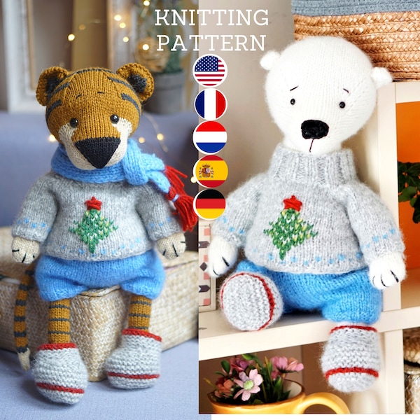 Doll clothes knitting patterns for toys bear and tiger - Toy Clothes Knitting Pattern