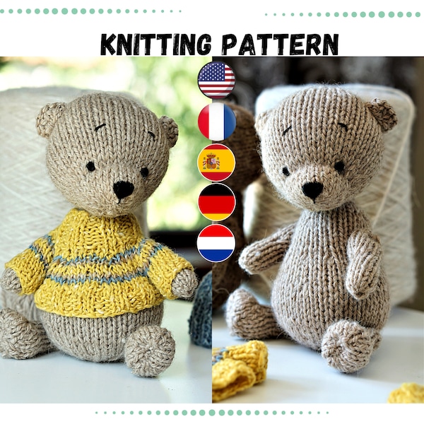 Little Bear Knitting Pattern / sweater and hat knitting pattern/  (17 cm/6.7 inches) / DPNs and 2 needles versions included / Polushkabunny