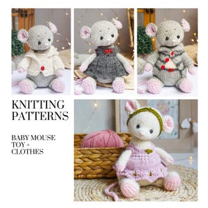 Może przedstawiać: Wzory na szydełku do zabawki myszki dla niemowląt w różnych strojach. Myszka jest szara z różowymi łapkami i długim ogonem. Stroje obejmują białą kurtkę, szarą sukienkę i różową sukienkę z zielonymi lamówkami.