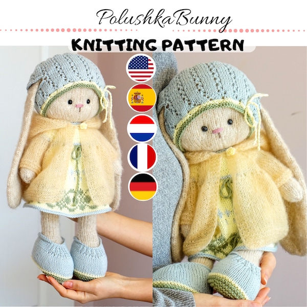 Doll clothes knitting pattern for a bunny / lamb  - Outfit "Pretty" - Toy Clothes Knitting Pattern