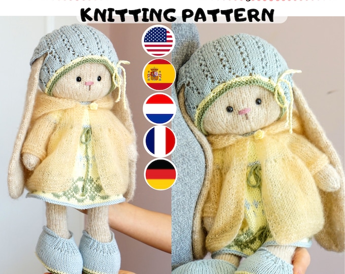 Doll clothes knitting pattern for a bunny / lamb  - Outfit "Pretty" - Toy Clothes Knitting Pattern