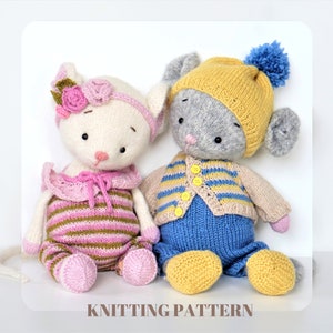 May include: Knitting pattern for two adorable knitted mice toys. The girl mouse is wearing a pink and brown striped outfit with a pink flower headband. The boy mouse is wearing a blue and yellow striped sweater, blue pants, and a yellow hat with a blue pom-pom.