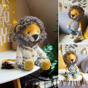 May include: Three handmade knitted lion toys. The first lion is wearing a white sweater with a brown and blue patterned design. The second lion is wearing a blue overall with a floral design. The third lion is wearing a blue overall with white polka dots.