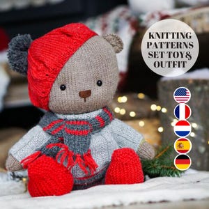 Christmas Knitting Set - Pattern for Teddy Bear and Toy clothes set - by Polushkabunny