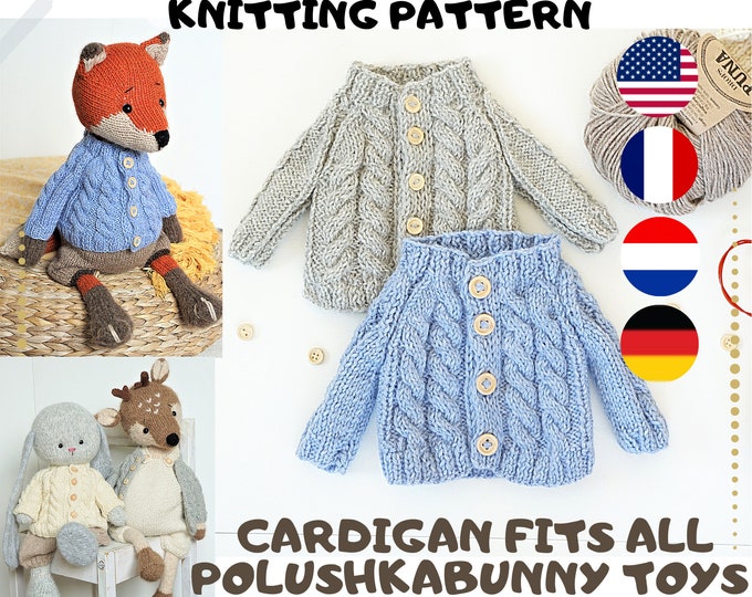 doll clothes knitting pattern / Aran Cardigan / 2 needles version - Toy Clothes Knitting Pattern / Polushkabunny