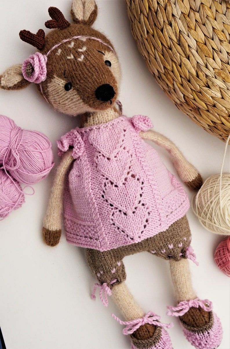 Doll clothes knitting pattern for toys Pink Heart Girl's Outfit Toy Clothes Knitting Pattern / Polushkabunny image 9