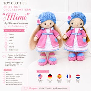 May include: Two handmade toy dolls, one a bunny and the other a girl, wearing matching pink coats, white dresses, and blue hats. The toys are approximately 38-40 cm tall. The image includes text about the knitting and crochet pattern.